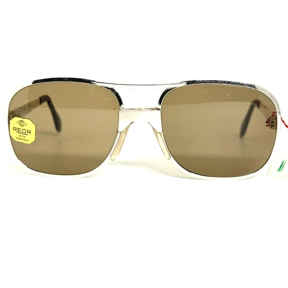 Vintage Reor Vetri Temperati Aviator Sunglasses Silver Made in Italy Brown Lens
